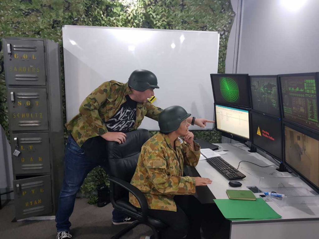 Players in a dramatic pose in our Launch escape room in Sydney
