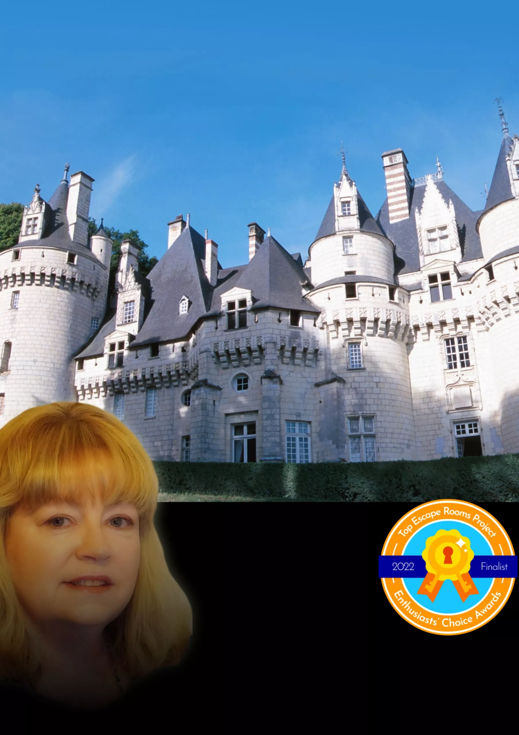 Aunt May from "The Inheritance" in front of her castle. Top Escape Room Project 2022 Finalist.