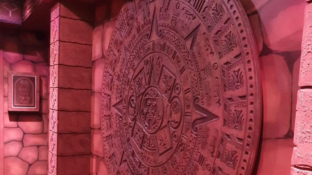 Aztec calendar stone puzzle feature inside The Hidden Temple escape room at Narrow Escape Rooms Penrith