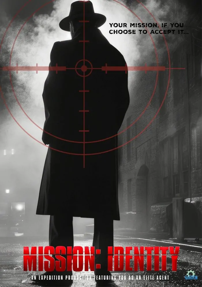 Mission Identity escape room poster featuring a silhouetted secret agent in a crosshair with the tagline "Your mission, if you choose to accept it" at Narrow Escape Rooms Penrith.